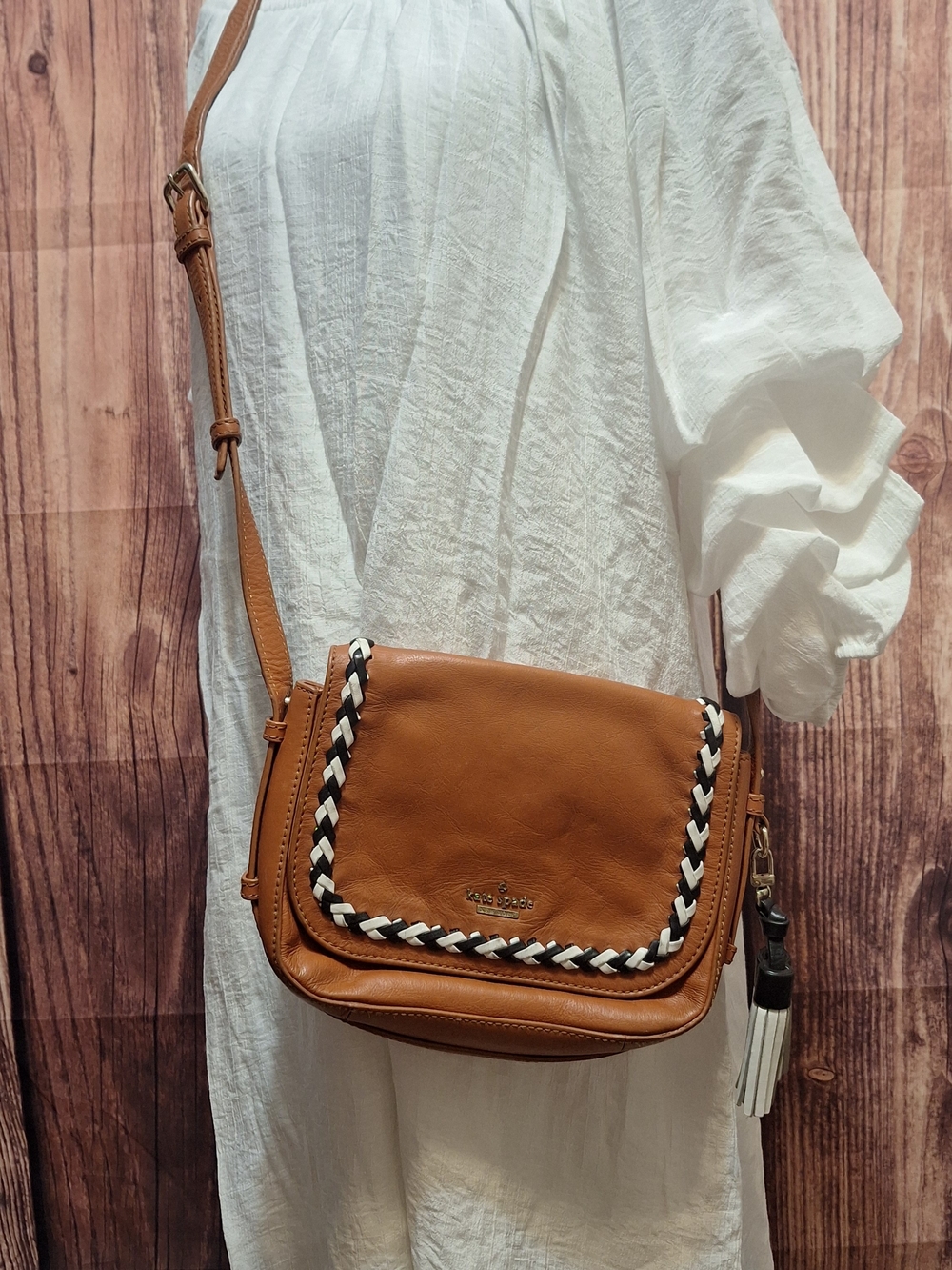 kate spade Tan Leather Crossbody with Black-and-White Braided Trim